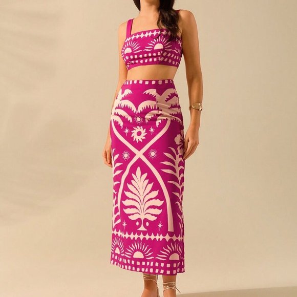 Hot Pink Boho Women's Coconut Print Cropped Cami Top And Fitted Maxi Skirt Set - Picture 7 of 7